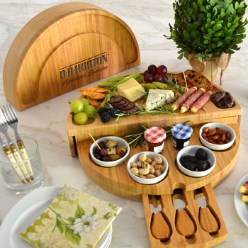 Bamboo Swivel Cheese / Charcuterie Board with 4 integrated ceramic bowls and 3 piece knife set